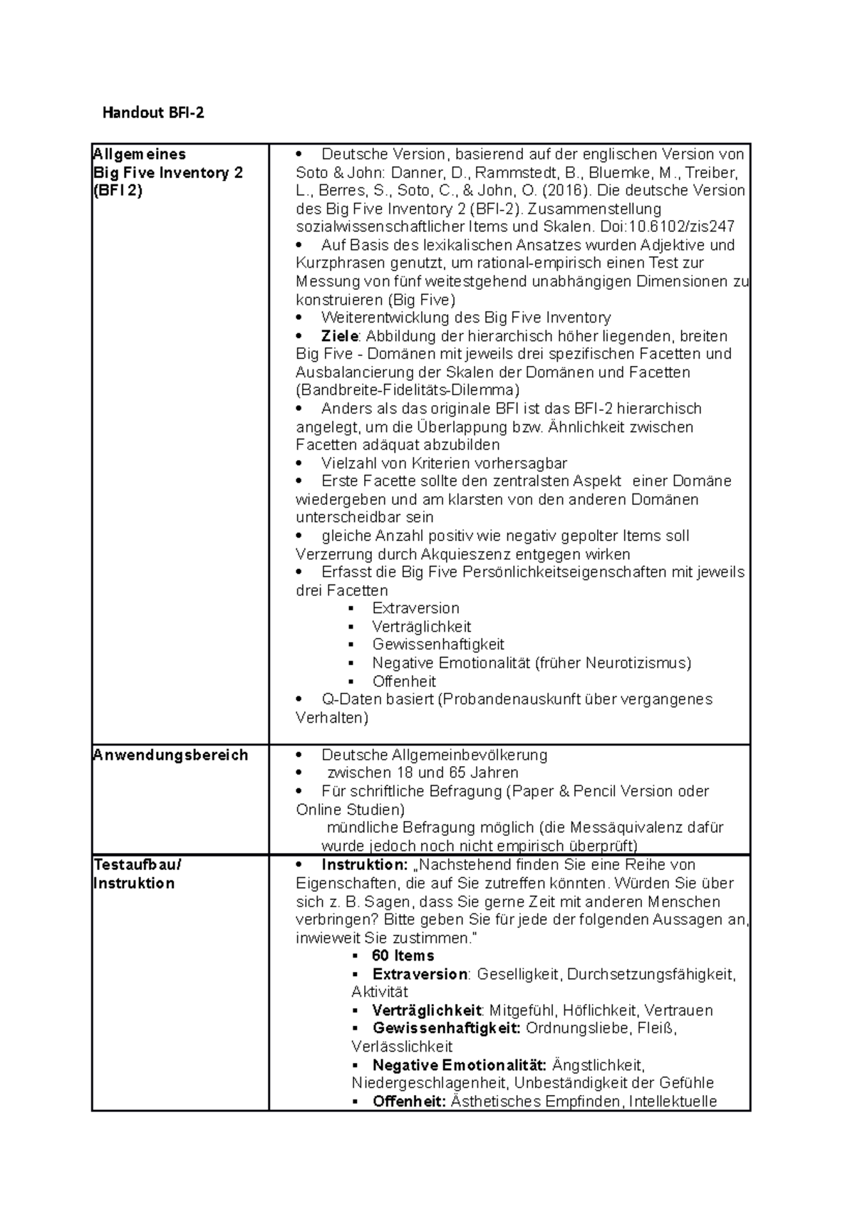 Handout BFI-2 (Diagnostische Verfahren) - Handout BFI- Allgemeines Big ...