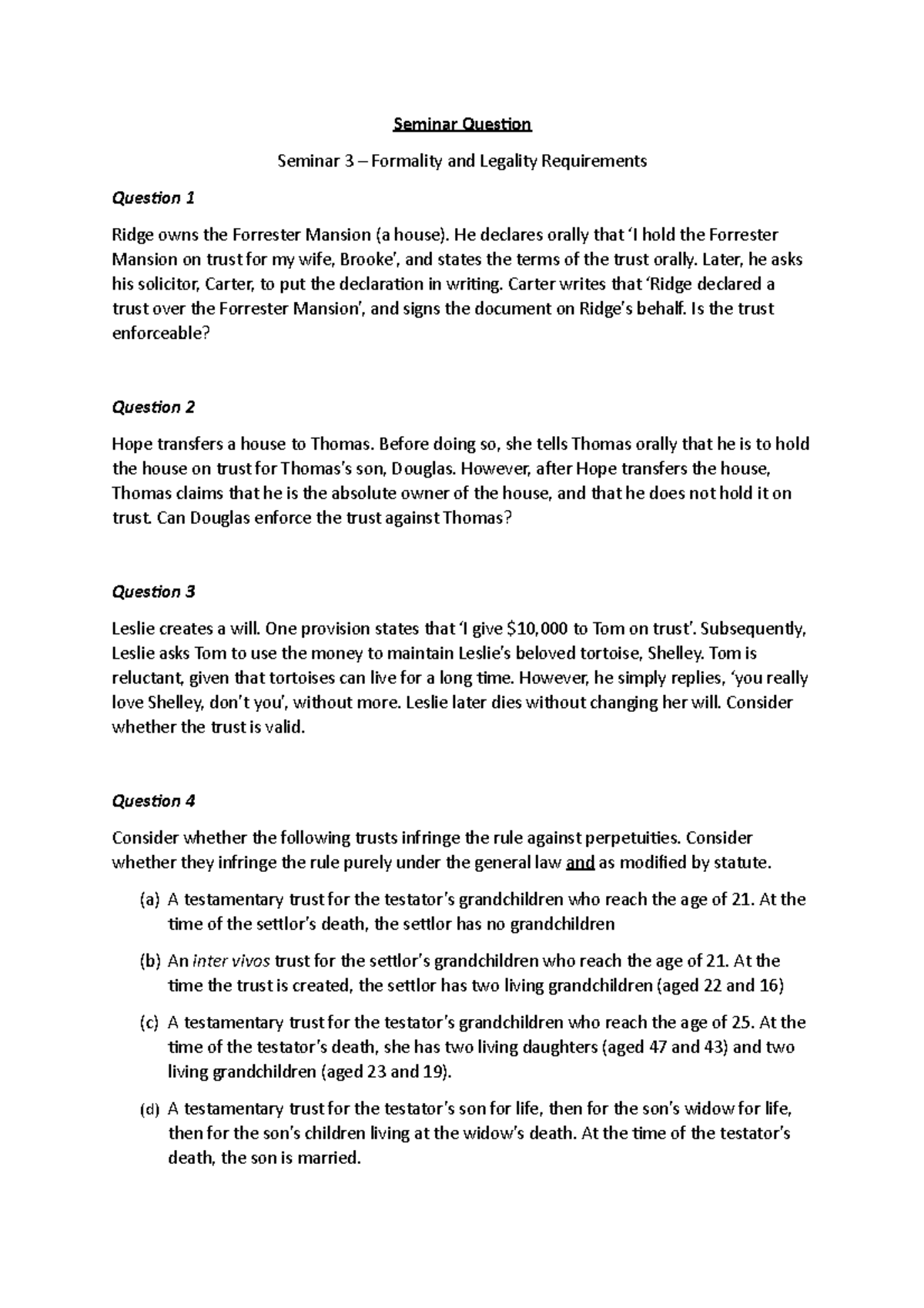 Seminar Questions - Formality and Legality Requirements - Seminar ...