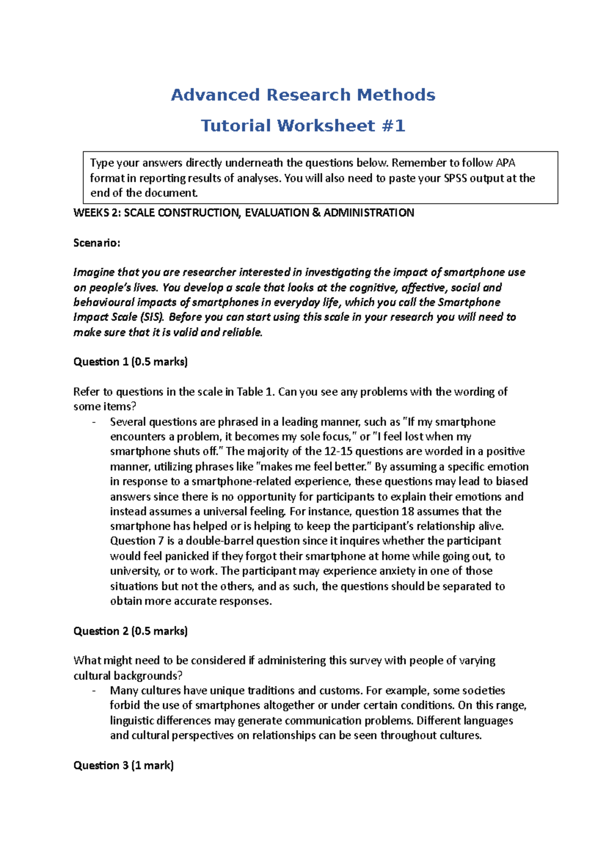 Tutorial Worksheet #1- ARM - Advanced Research Methods Tutorial ...