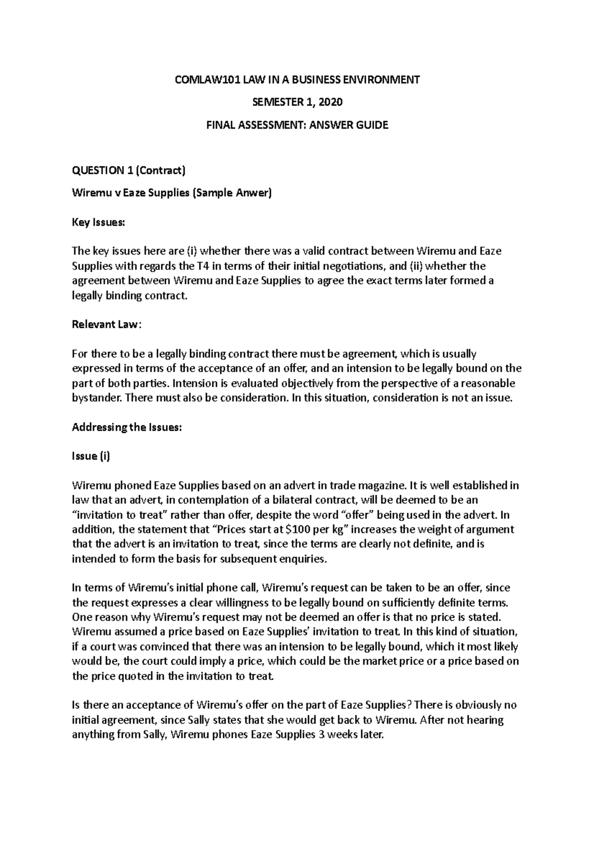 Comlaw 101 Past Final Assessment Part B answer guide - COMLAW101 LAW IN ...