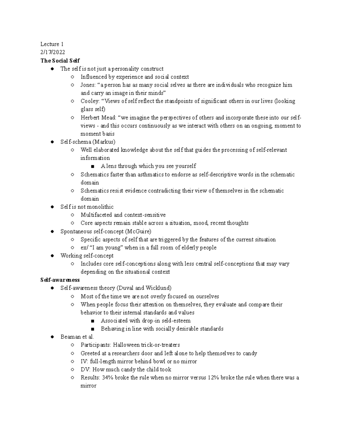 Exam 2 Class Notes - Lecture 1 2/17/ The Social Self The self is not ...