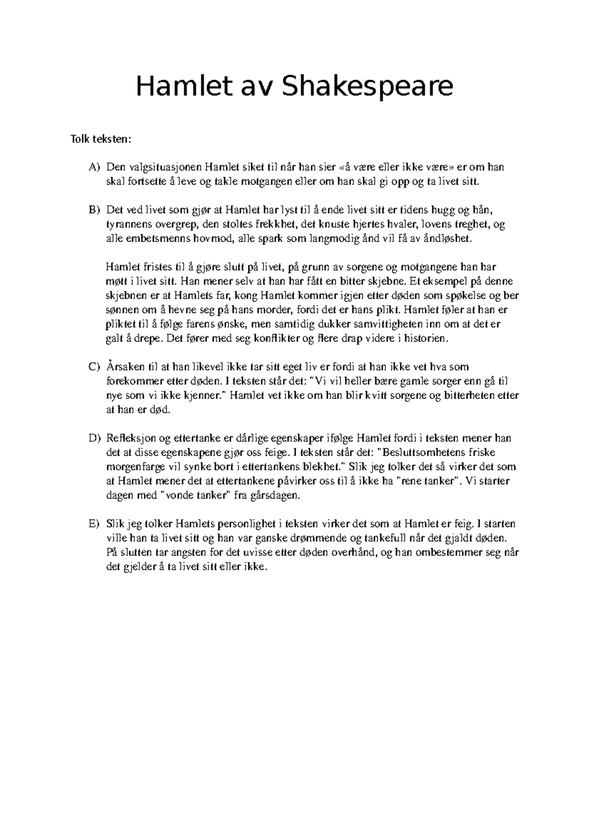 Hamlet Av Shakespeare Norsk Hamlet Av Shakespeare Tolk Teksten A