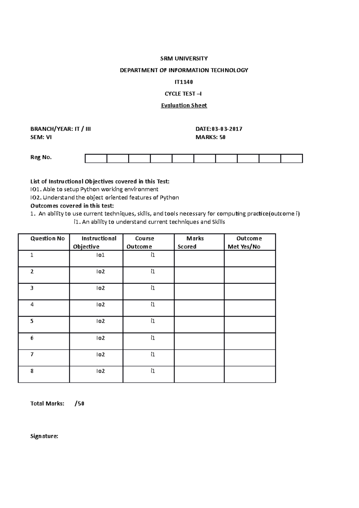 CT-1 Python Programming-CT1 - SRM UNIVERSITY DEPARTMENT OF INFORMATION ...
