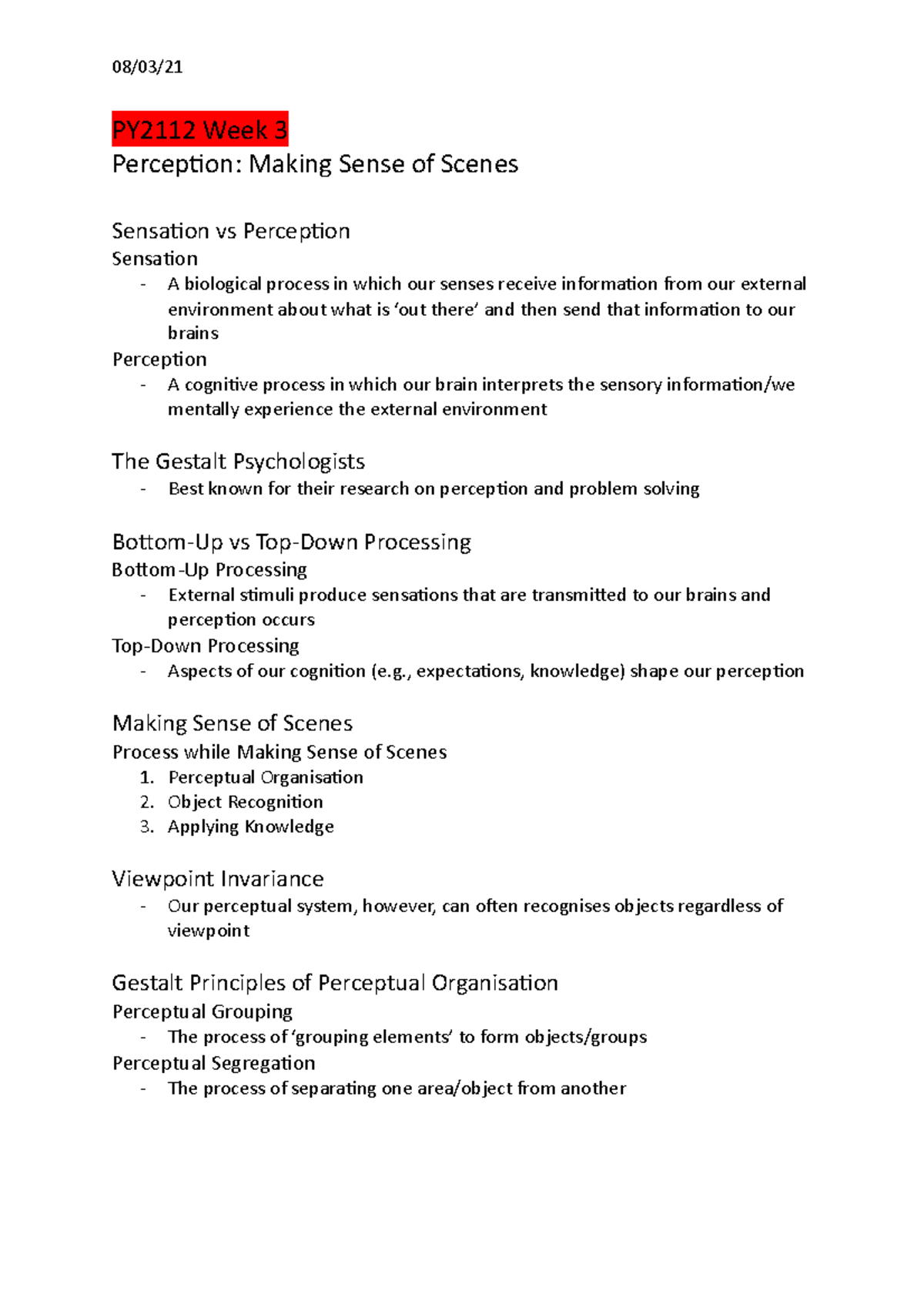 PY2112 Week 3 Lecture Notes - 08/03/ PY2112 Week 3 Perception: Making ...