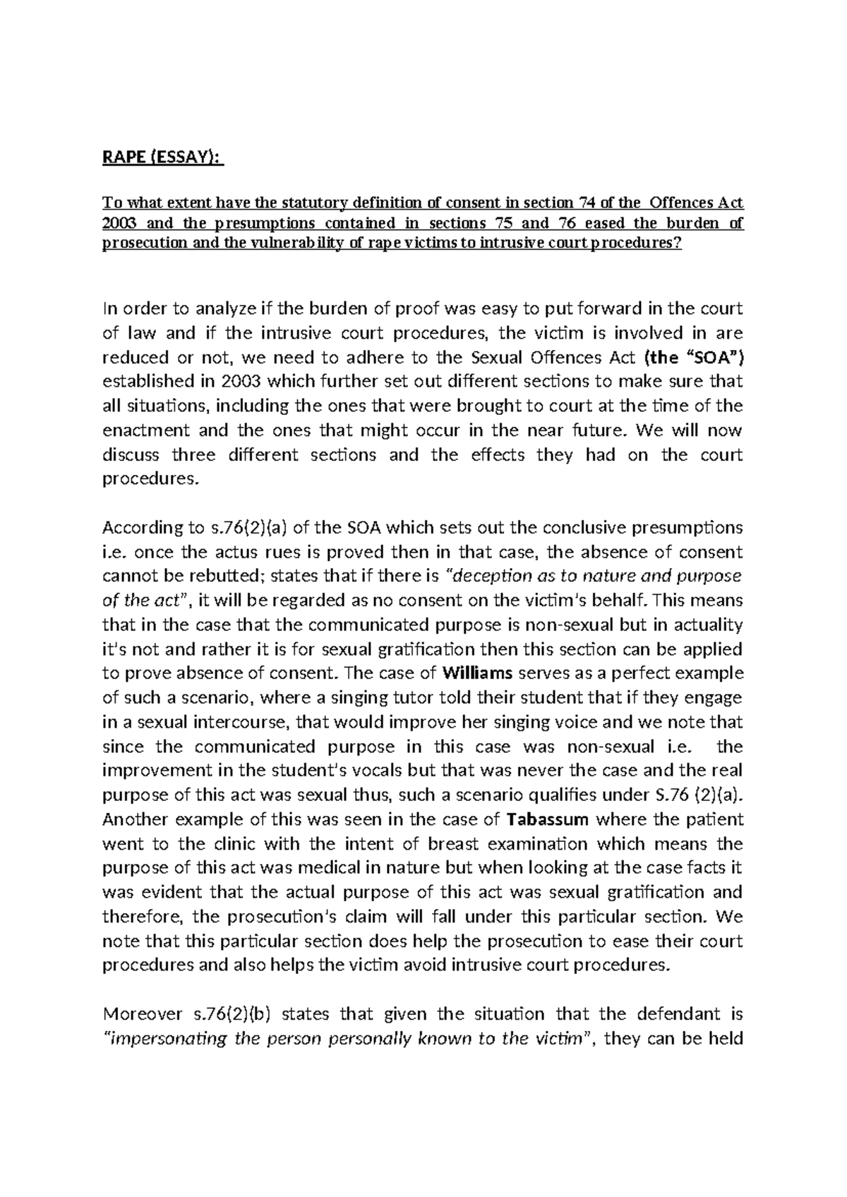 RAPE essay answer - RAPE (ESSAY): To what extent have the statutory ...