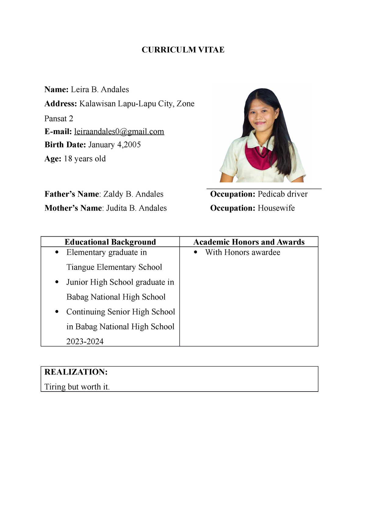 Curriculm Vitae - Name: Leira B. Andales Address: Kalawisan Lapu-Lapu ...