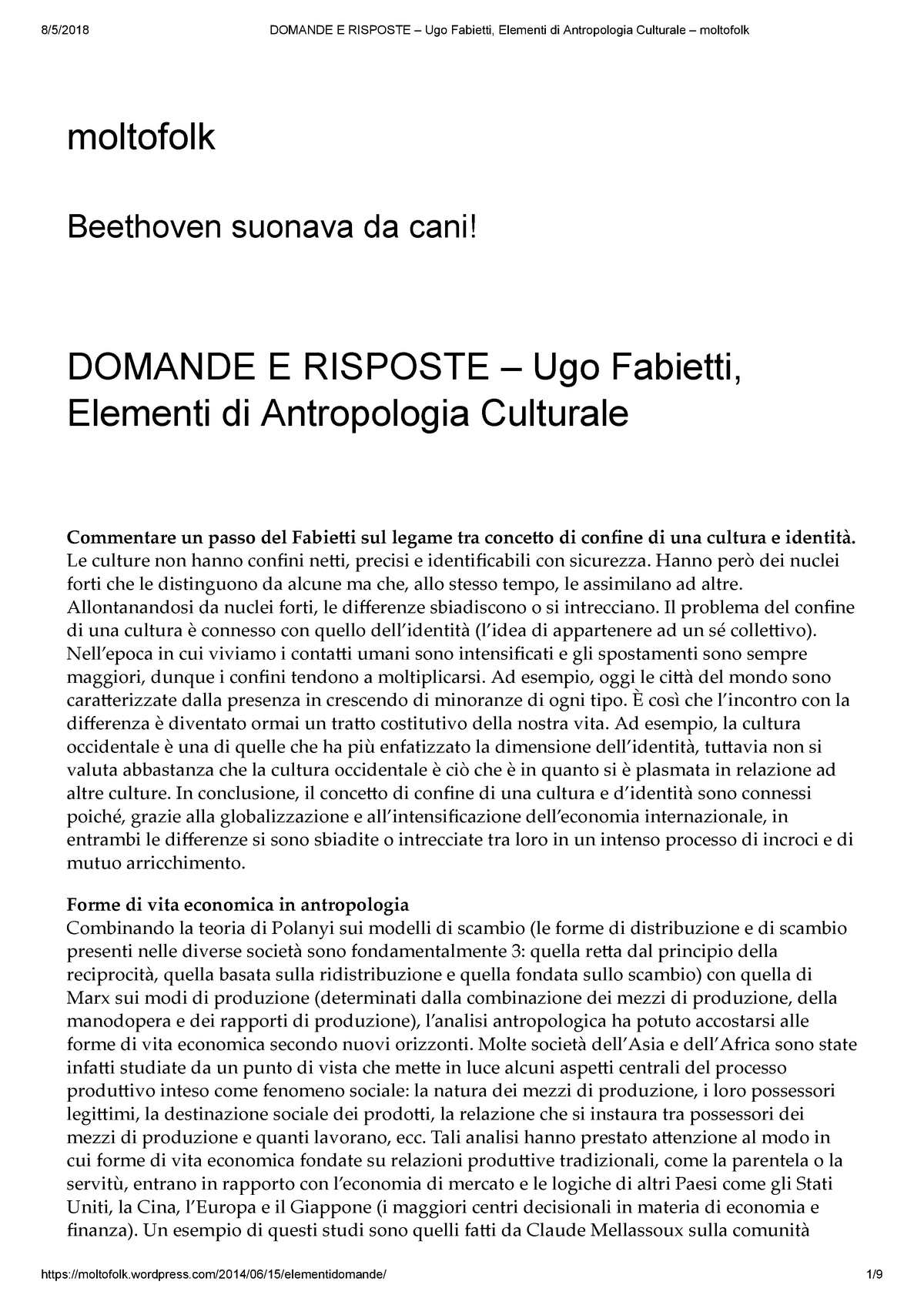 Domande E Risposte – Ugo Fabietti, Elementi di Antropologia Culturale –  moltofolk - moltofolk - Studocu