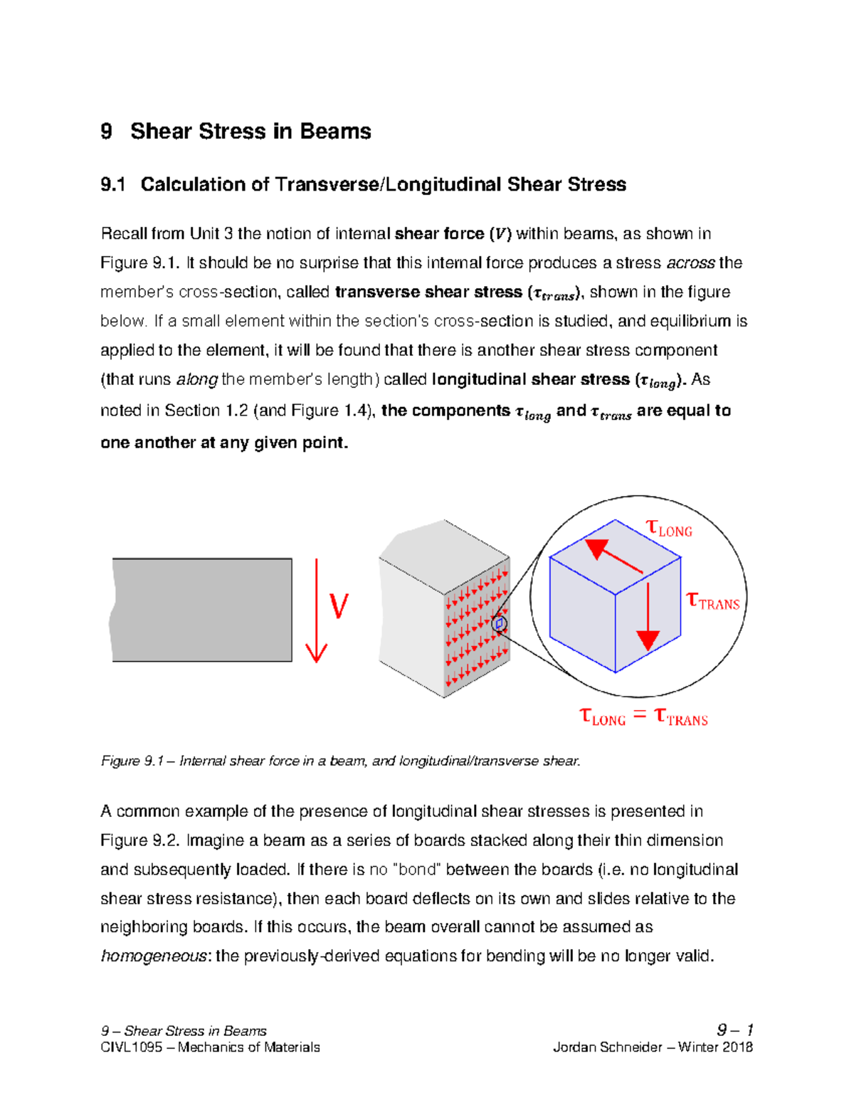 CIVL1095 9 Shear Stress in Beams 9 Shear Stress in Beams 9 1