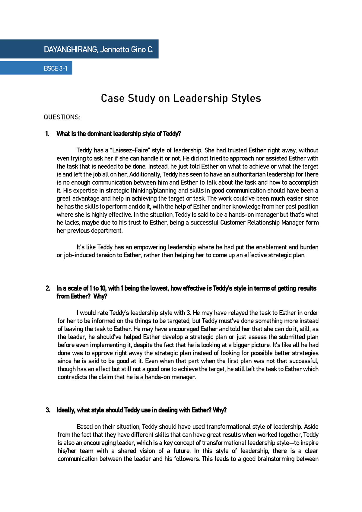 leadership style case study activity