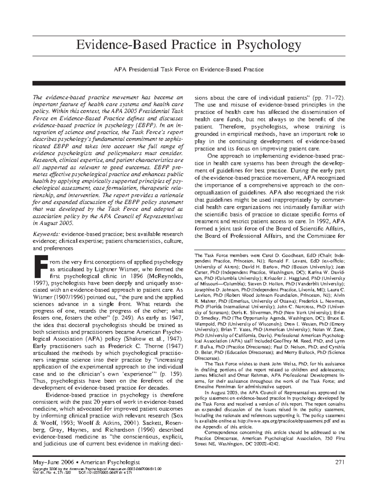 APA (2006 ) reading 6 EvidenceBased Practice in Psychology APA