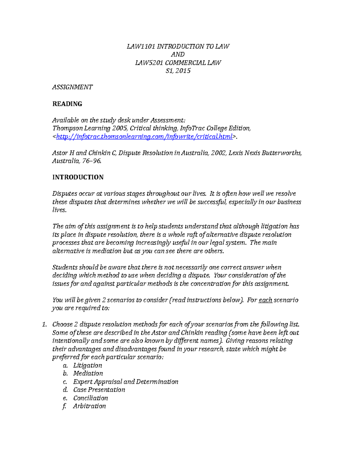 LAW1101 Assignment 2015 - LAW1101 INTRODUCTION TO LAW AND LAW5201 ...