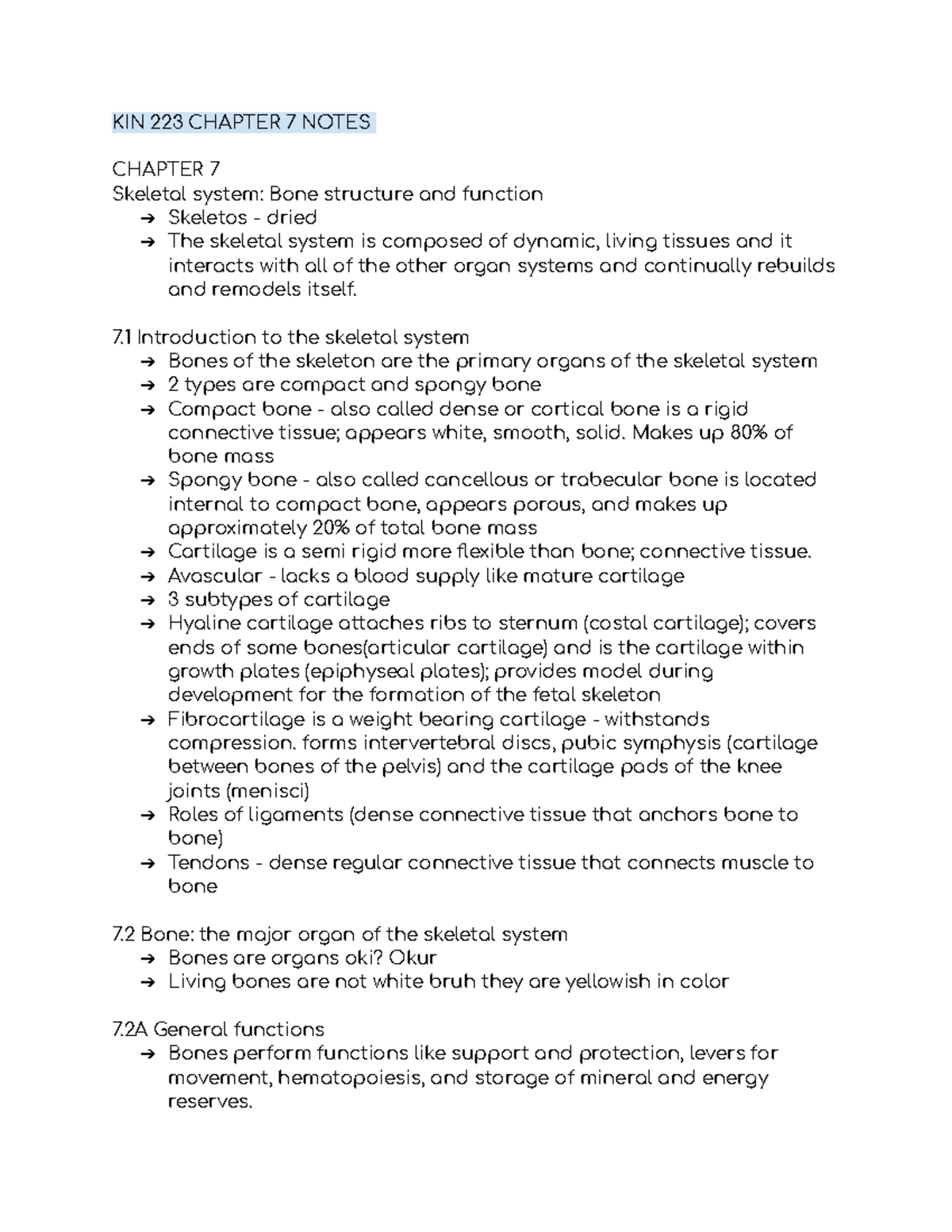 KIN 223 F CHAP7 - Notes - KIN 223 CHAPTER 7 NOTES CHAPTER 7 Skeletal ...