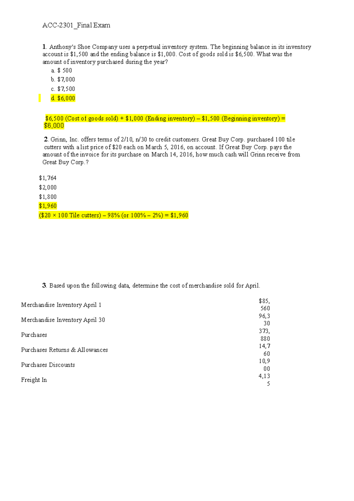 Acc-2301 Final Exam Student - 1. Anthony's Shoe Company Uses A ...