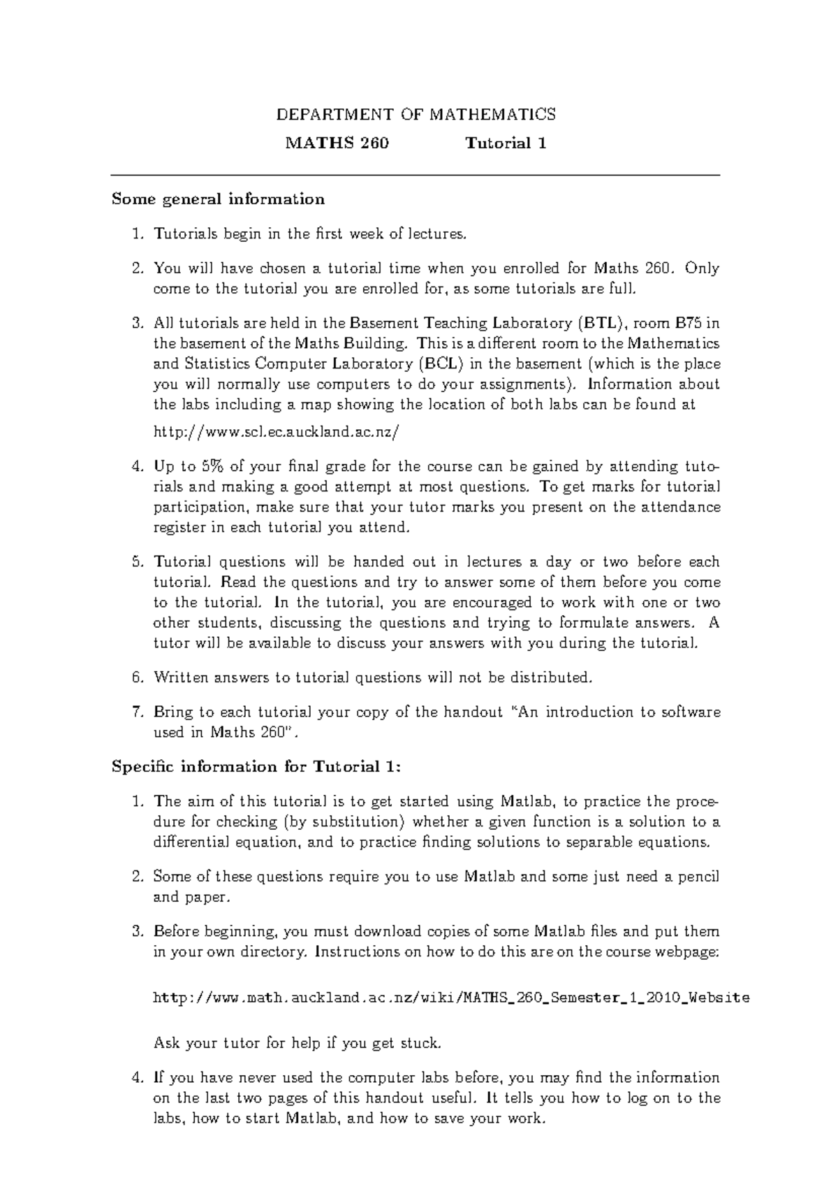 MATHS260 2010 Tutorial 1 - DEPARTMENT OF MATHEMATICS MATHS 260 Tutorial ...