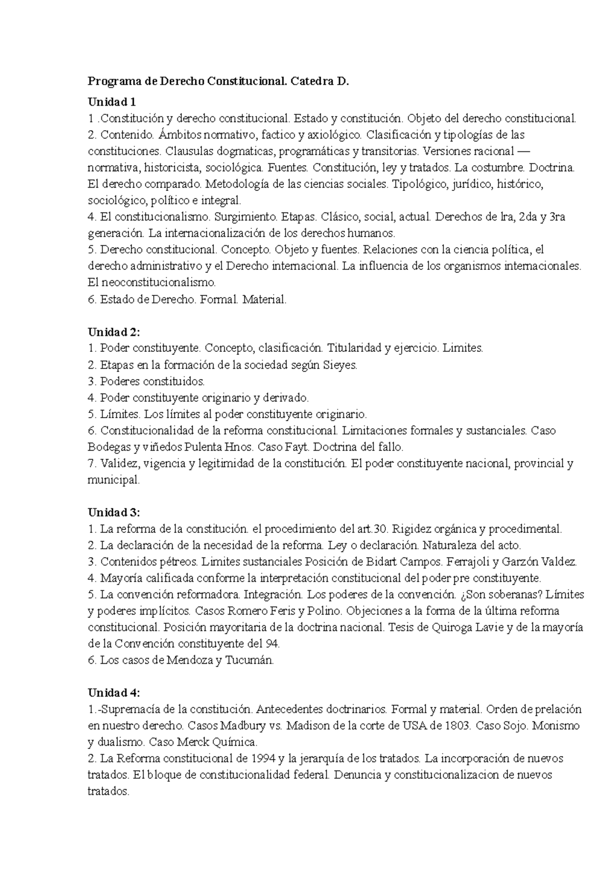 Programa de Derecho Constitucional - Catedra D. Unidad 1 1 ...