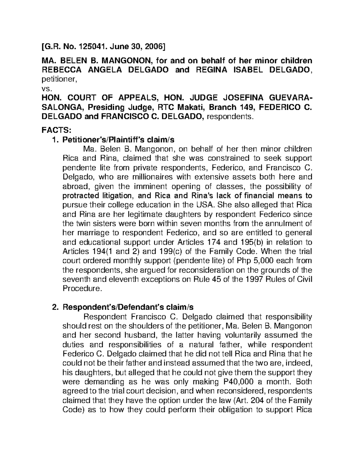 CASE Digest - MA. BELEN B. MANGONON, for and on behalf of her minor ...