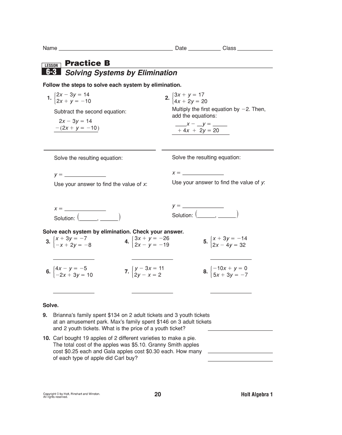 6 3 Practice B Elimination Practice - Copyright฀©฀by฀Holt,฀Rinehart฀and ...