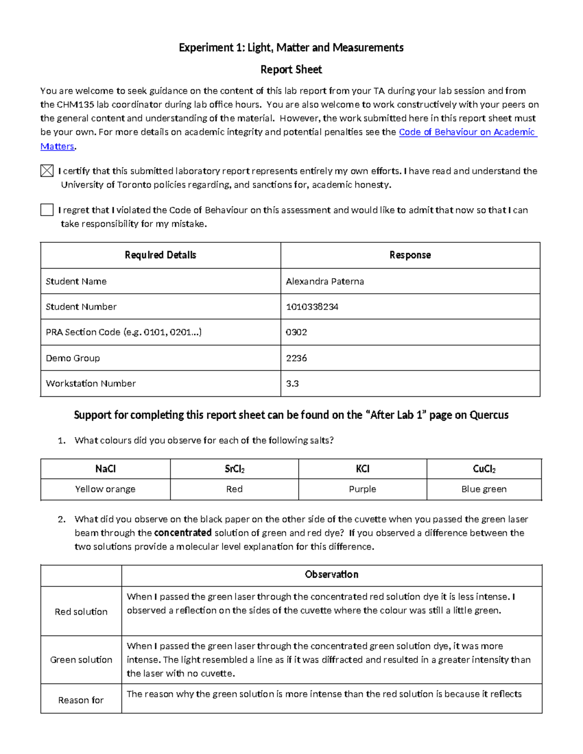 CHM135 Lab 1 Report Sheet - Experiment 1: Light, Matter and ...
