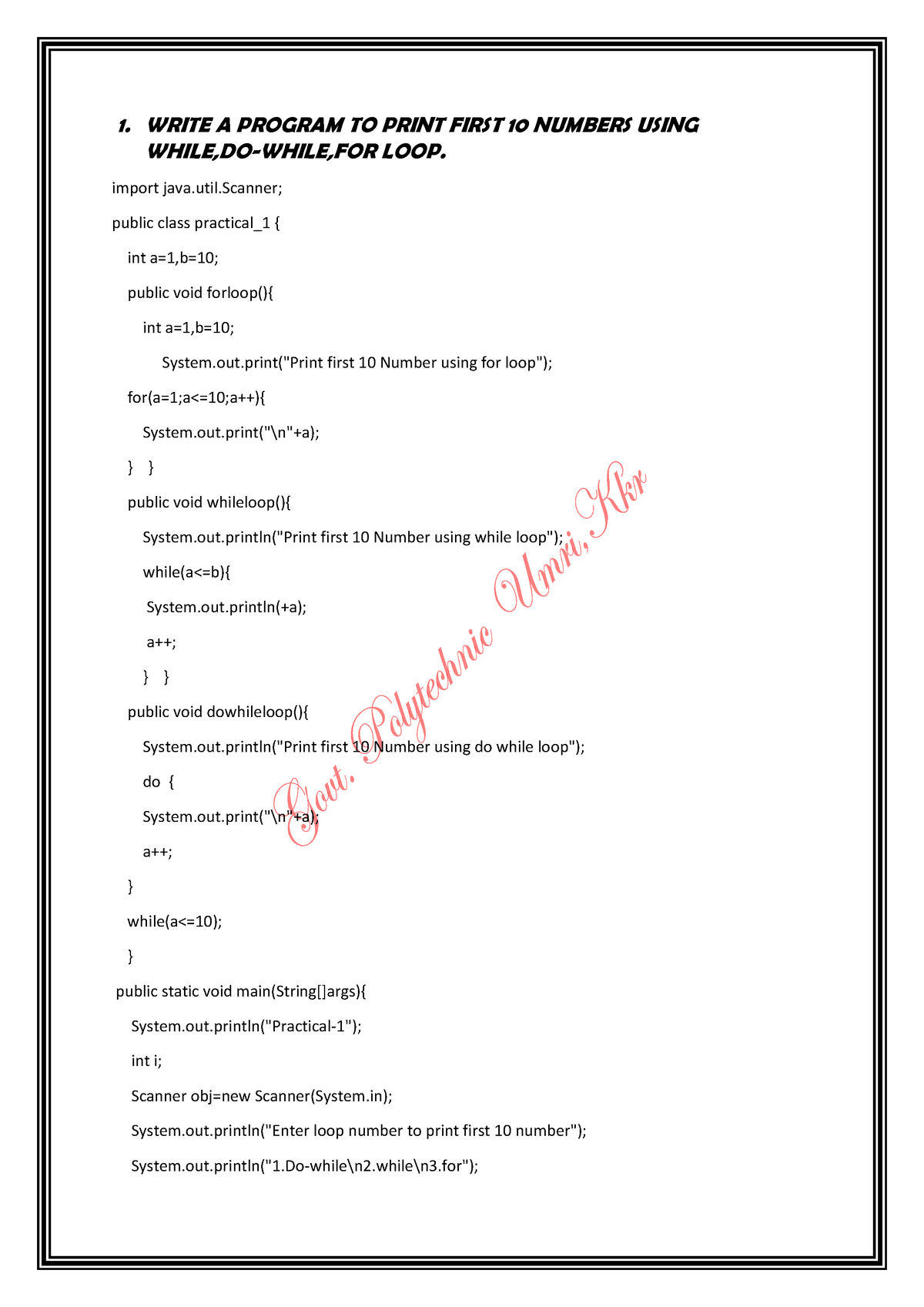 practical-java-1-write-a-program-to-print-first-10-numbers-using