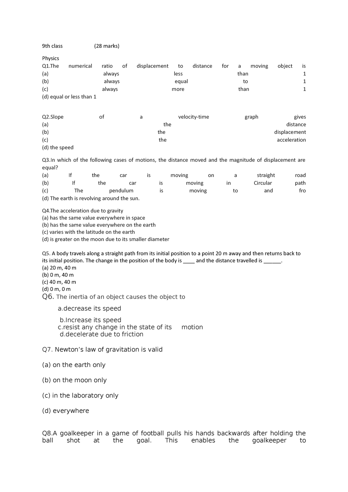 Document (12) 9th - 9th class (28 marks) Physics Q1 numerical ratio of ...