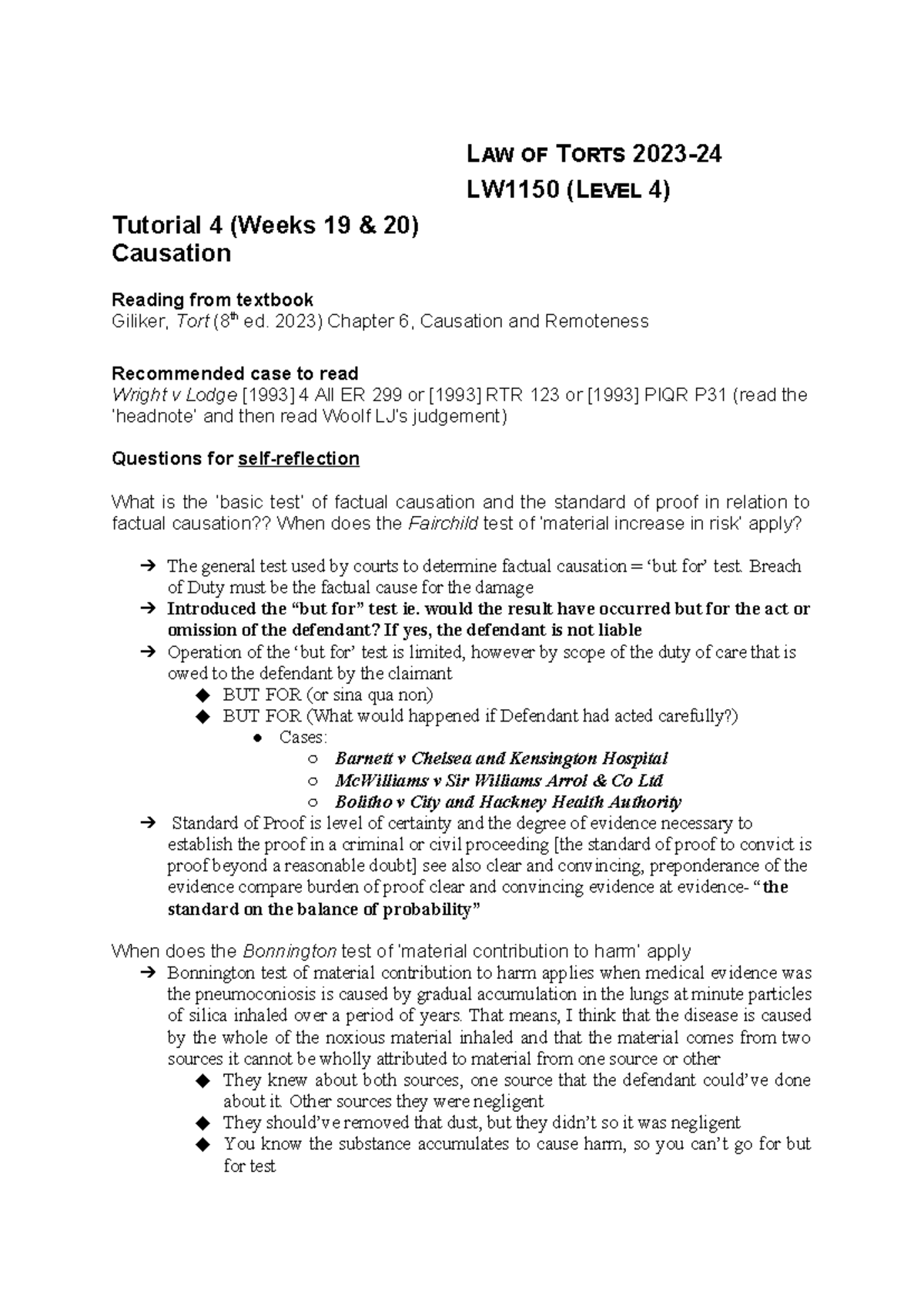 Causation Tutorial Sheet Level 4 LW1150 2023 - LAW OF TORTS 2023 ...