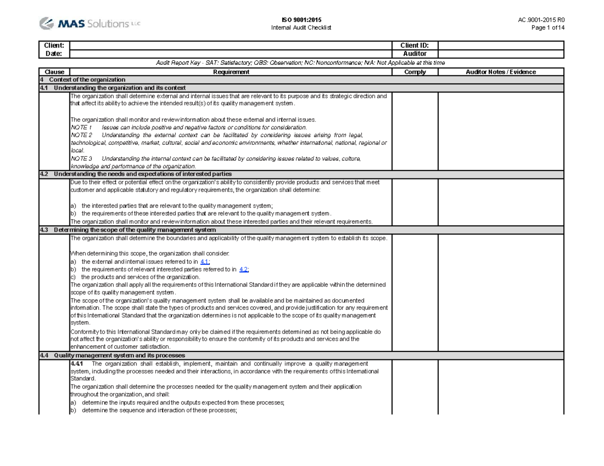 Iso 9001-2015 denetim listesi - Internal Audit Checklist Page 1 of 14 ...