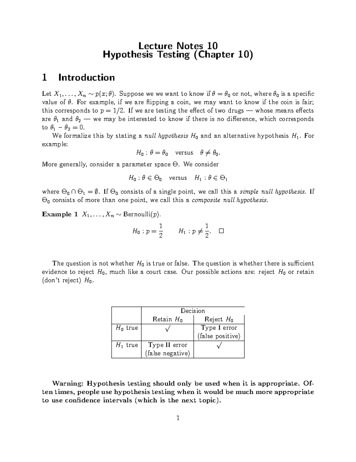 Lecture 10 - Lecture Notes 10 Hypothesis Testing (Chapter 10) 1 ...