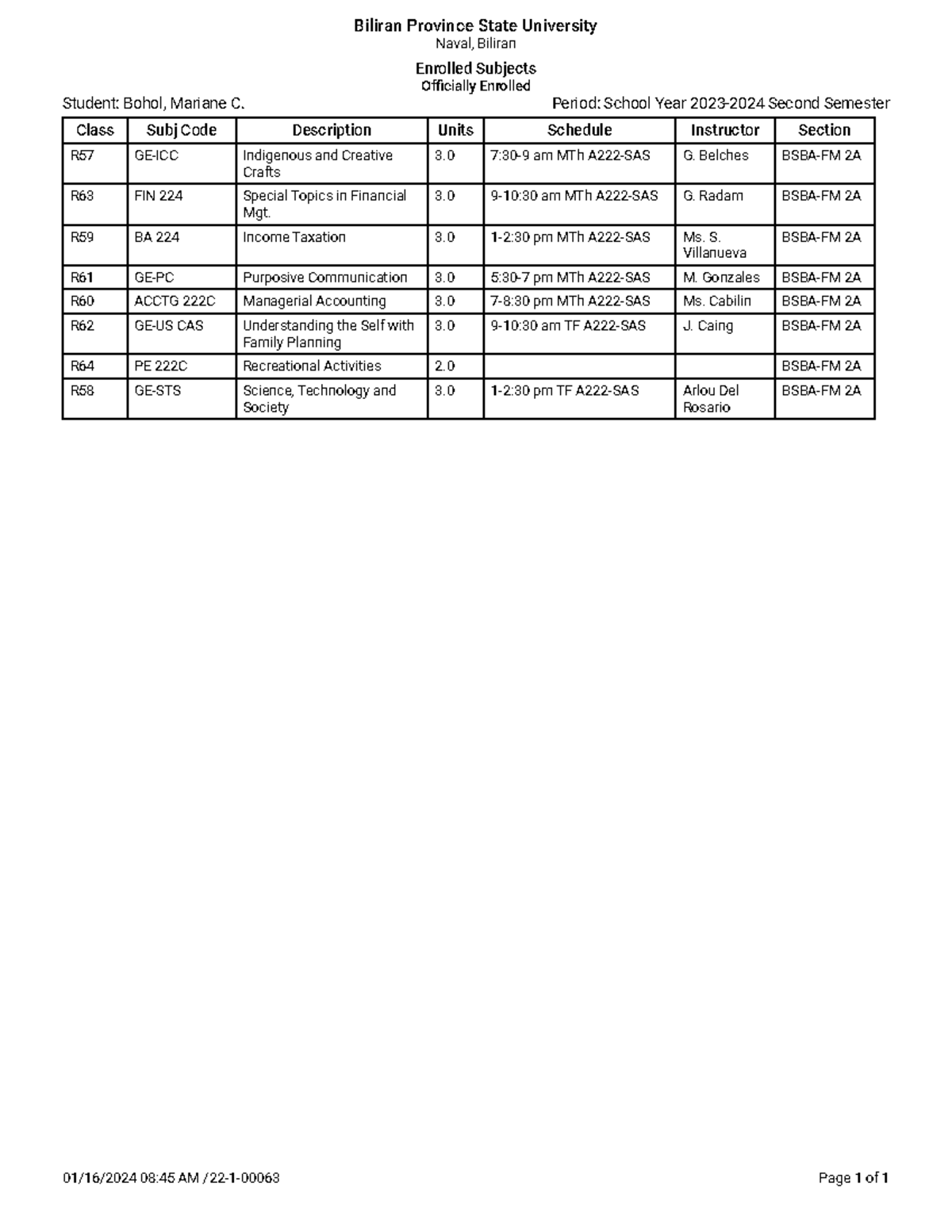 2ndsem - Class Subj Code Description Units Schedule Instructor Section ...