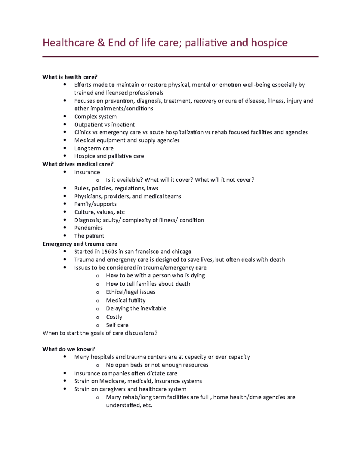 Healthcare - Lecture notes 7 - Healthcare & End of life care ...
