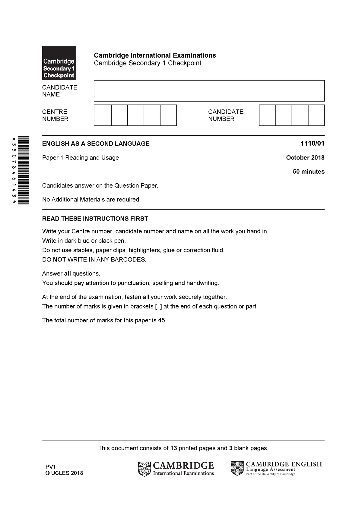 Cambridge Secondary Checkpoint - English As A Second Language (1110 ...