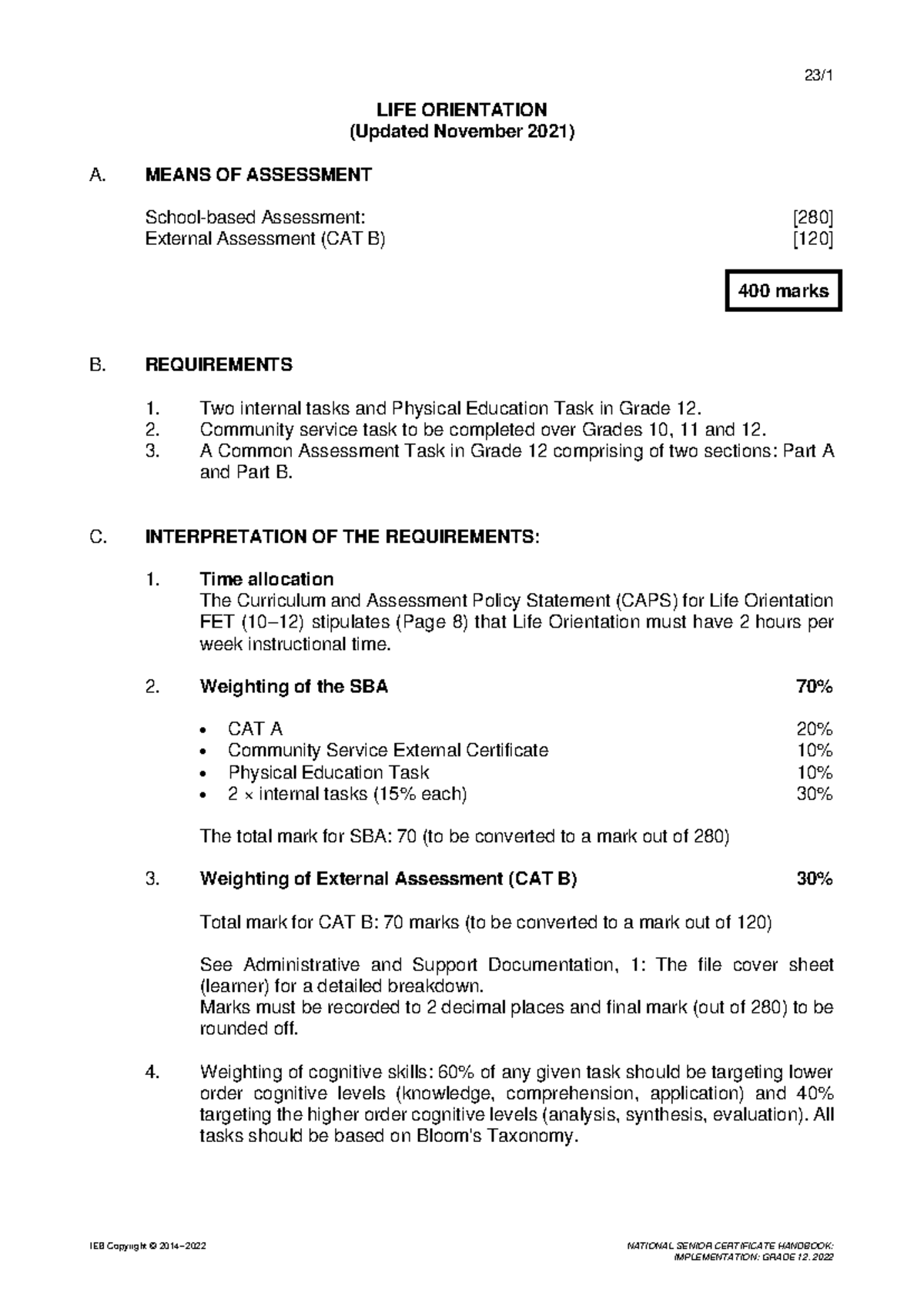 23. LIFE Orientation SAGs 2022 (Updated Nov 2021) IEB Copyright