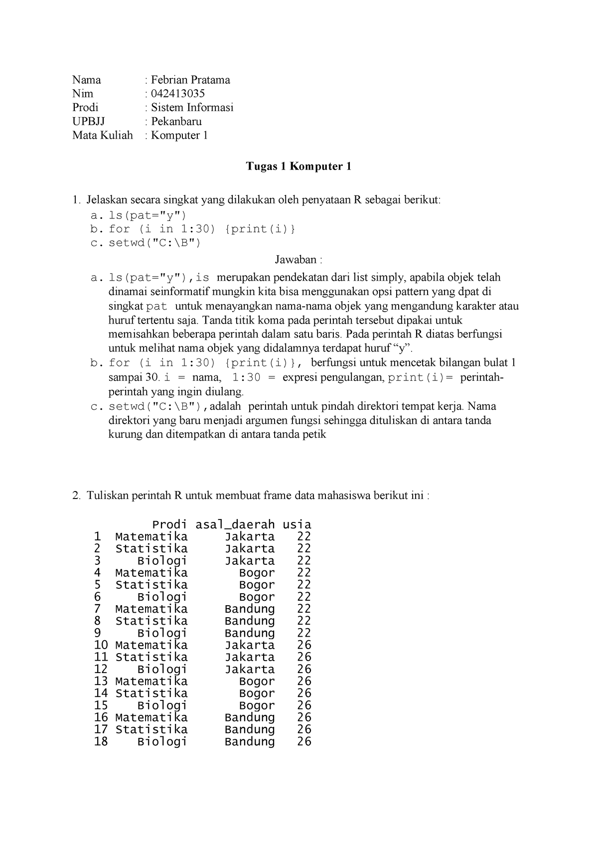 Tugas 1 Komputer 1 Febrian Pratama (042413034) Pdf - Nama : Febrian ...