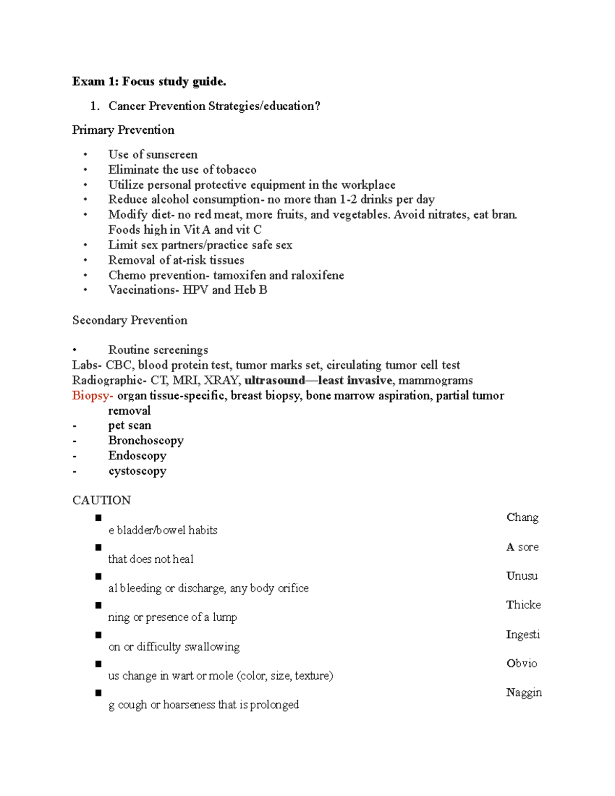 Focus Study Guide - Exam 1 - Exam 1: Focus study guide. Cancer ...