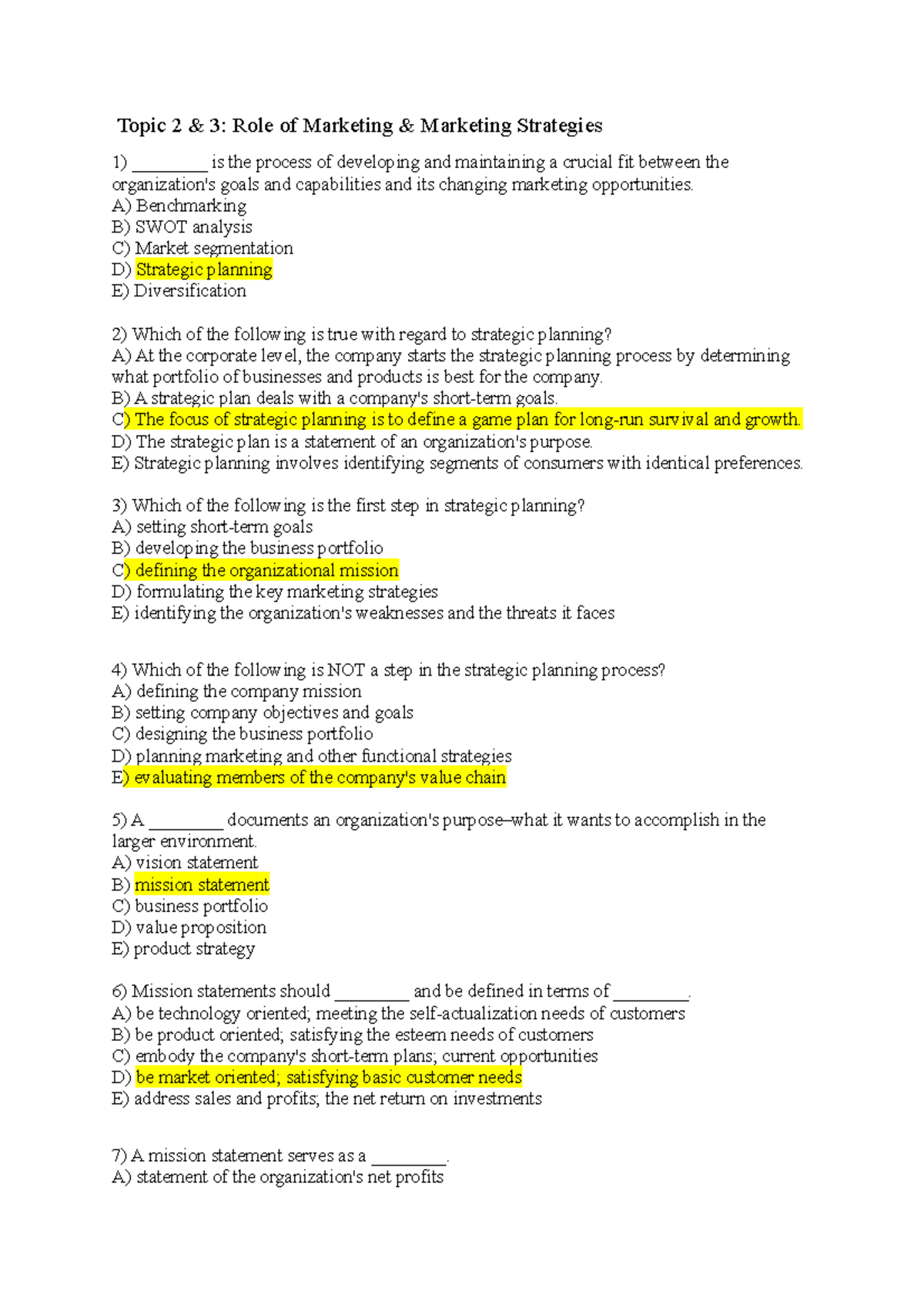 Topic 2 & 3 - Role Of Marketing & Marketing Strategies- Mcqs - Topic 2 