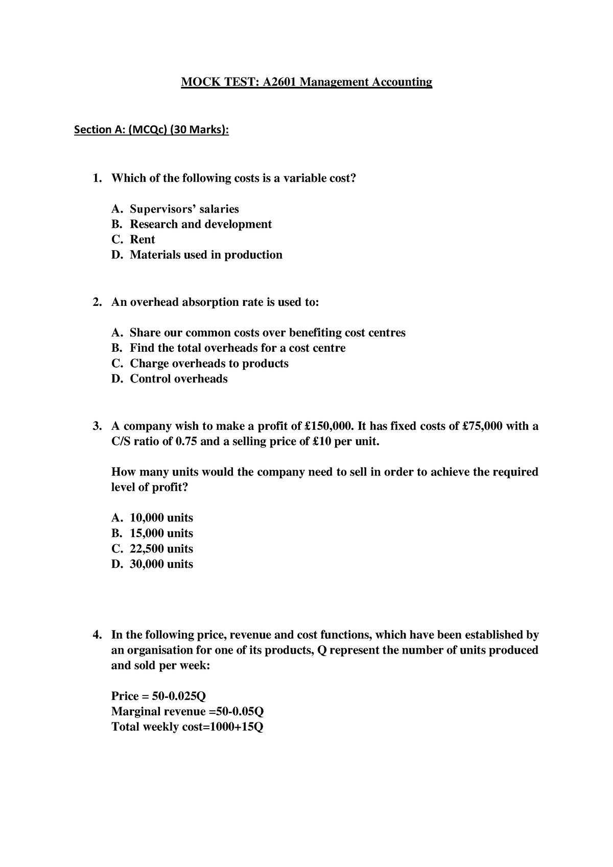 Mock Exam - Mock - MOCK TEST: A2601 Management Accounting Section A ...