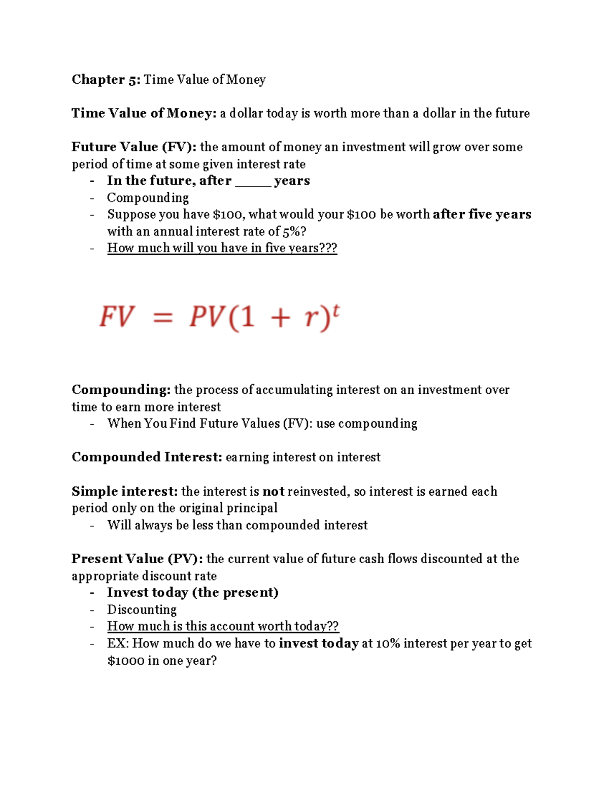 CH 5 FIN 125 notes - Chapter 5: Time Value of Money Time Value of Money ...