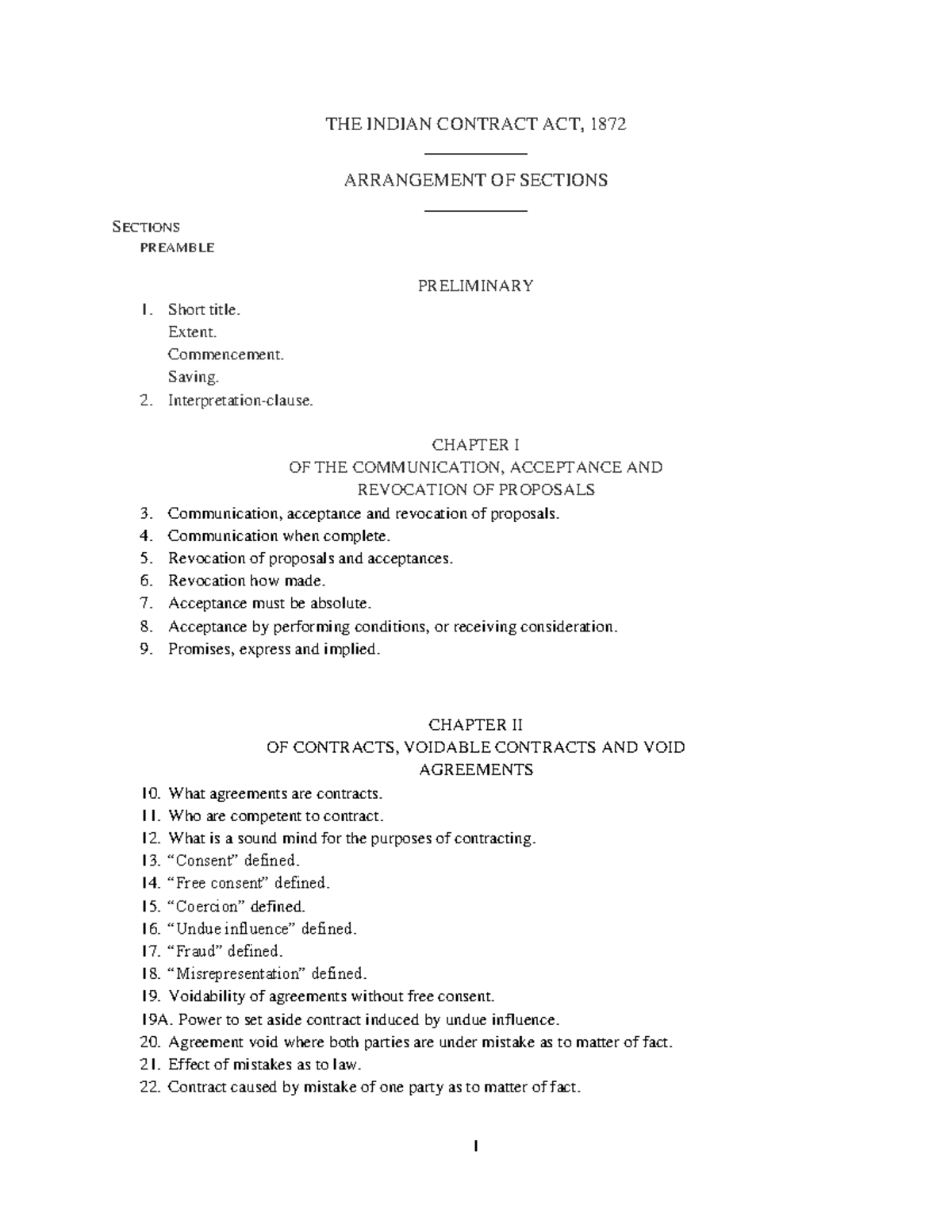 ICA 1872 - THE INDIAN CONTRACT ACT, 1872 ____________ ARRANGEMENT OF ...