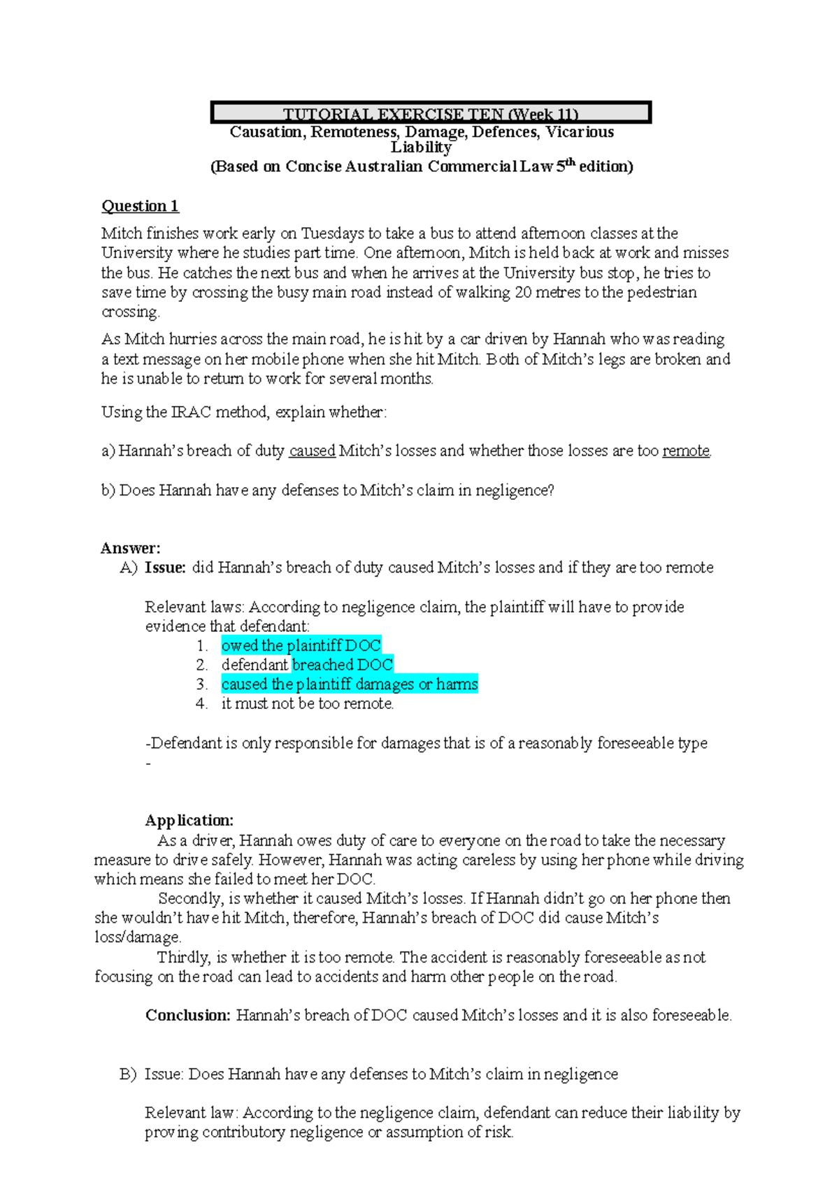 Tutorial 10 (week 11) Scaffold questions attempt TUTORIAL EXERCISE TEN (Week 11) Causation