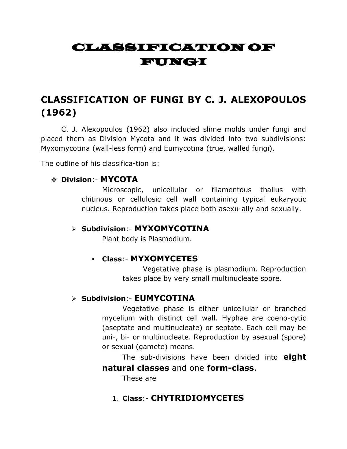 Classification Of Fungi Classification Of Fungi Classification Of Fungi By C J Alexopoulos