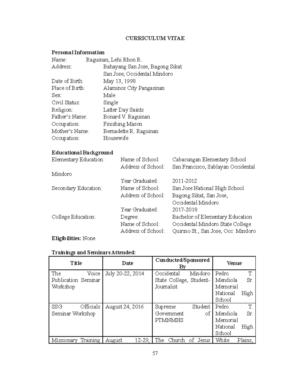 Sample-Curriculum-Vitae - CURRICULUM VITAE Personal Information Name ...