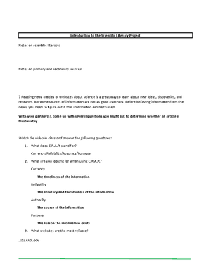 Part IV BIOL 1110 Scientific Literacy Project - BIOL 1110: Scientific ...