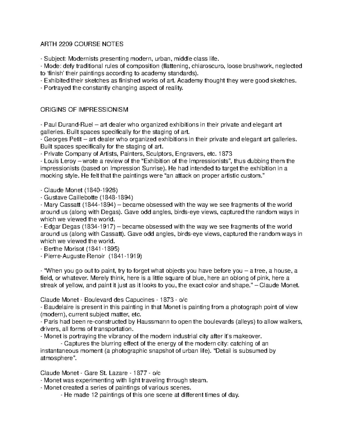 Lecture notes, lecture All - Point form lecture notes. - ARTH 2209 ...