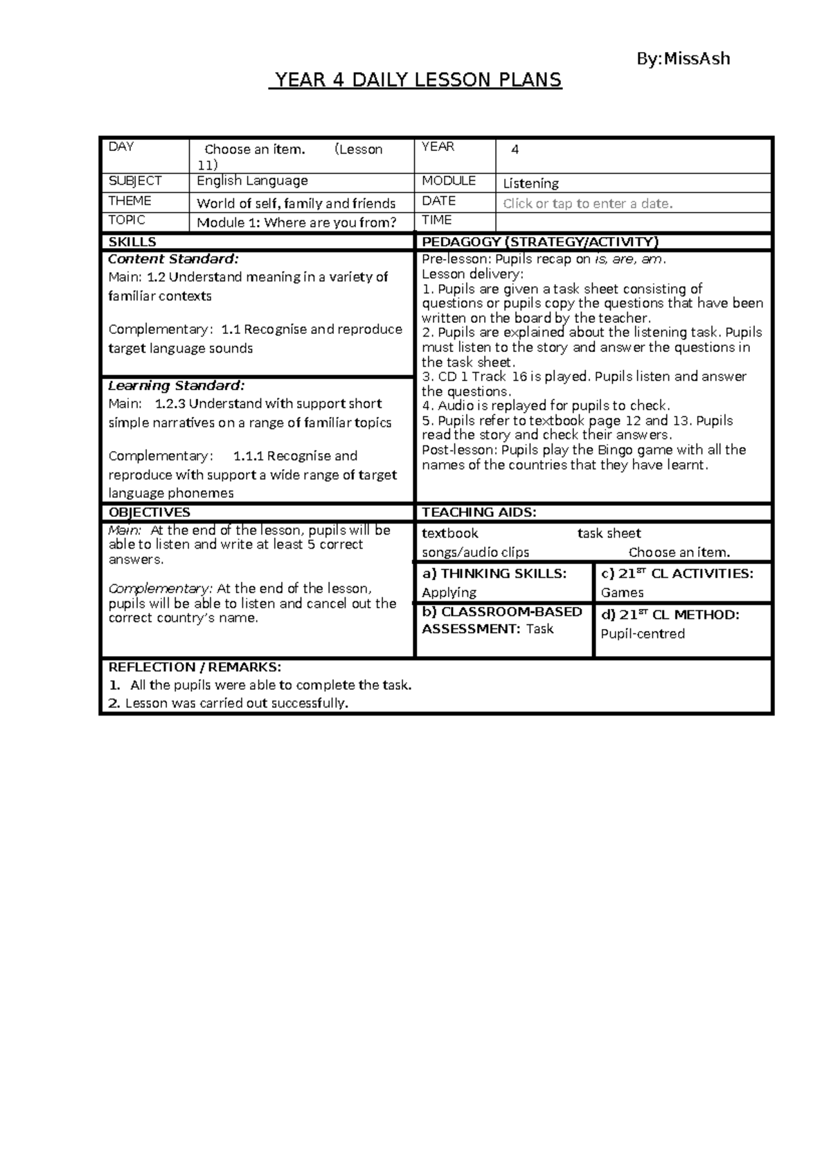 Y4 E L11 - L16 (M1) - YEAR 4 DAILY LESSON PLANS DAY Choose an item. (Lesson 11) YEAR 4 SUBJECT ...