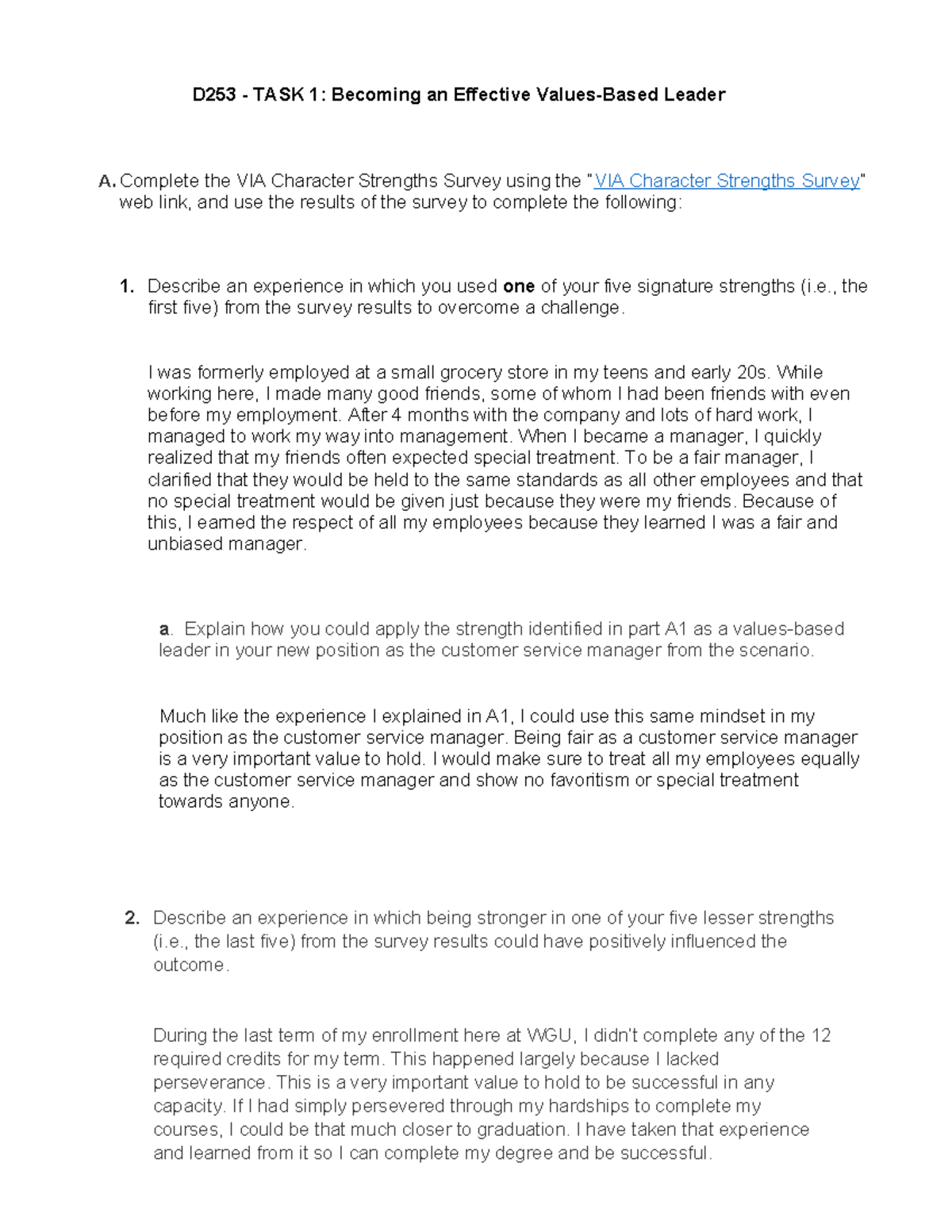 D253 task 1 - D253 - TASK 1: Becoming an Effective Values-Based Leader ...
