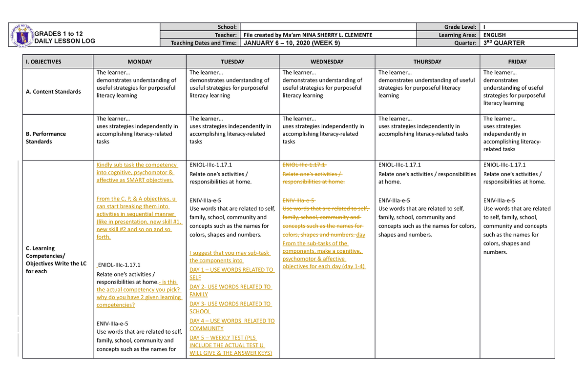 Lesson PLAN IN English Annamae - GRADES 1 to 12 DAILY LESSON LOG School ...