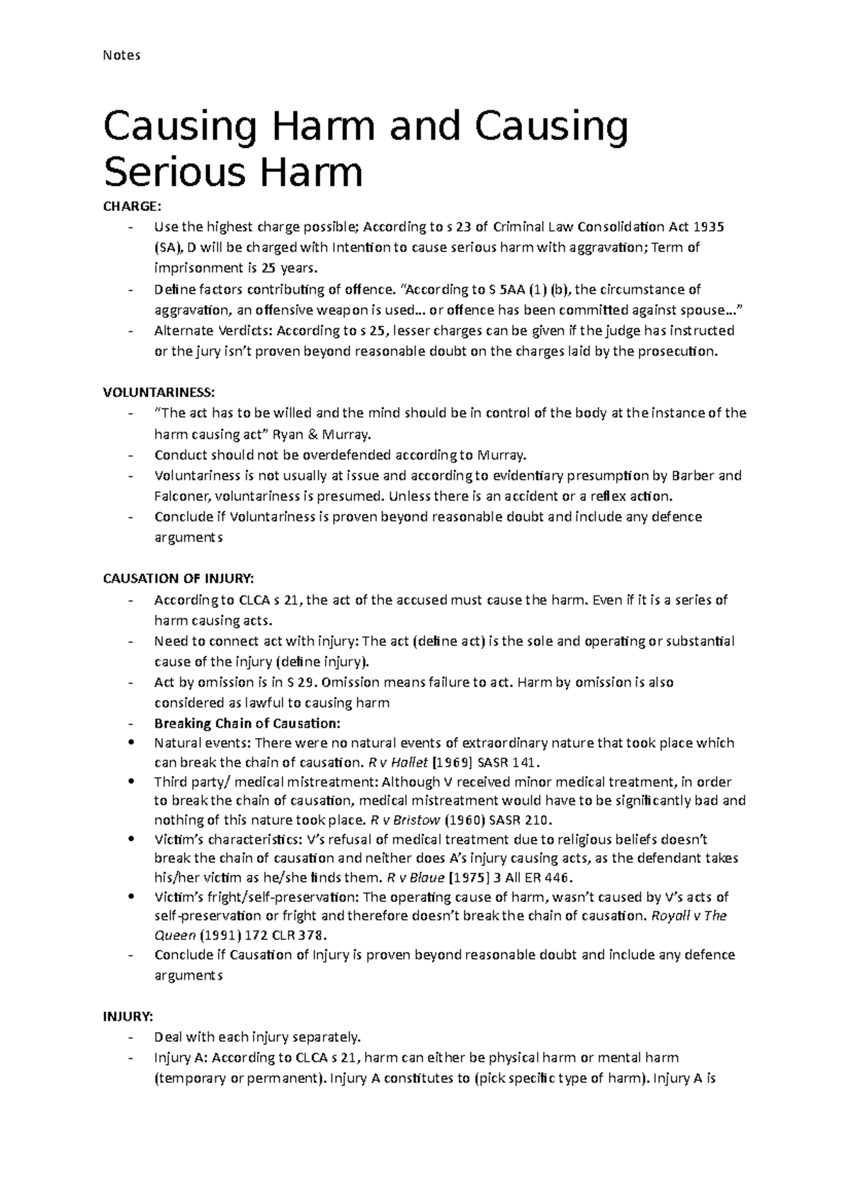 Crim Law Exam Notes - Notes Causing Harm And Causing Serious Harm ...