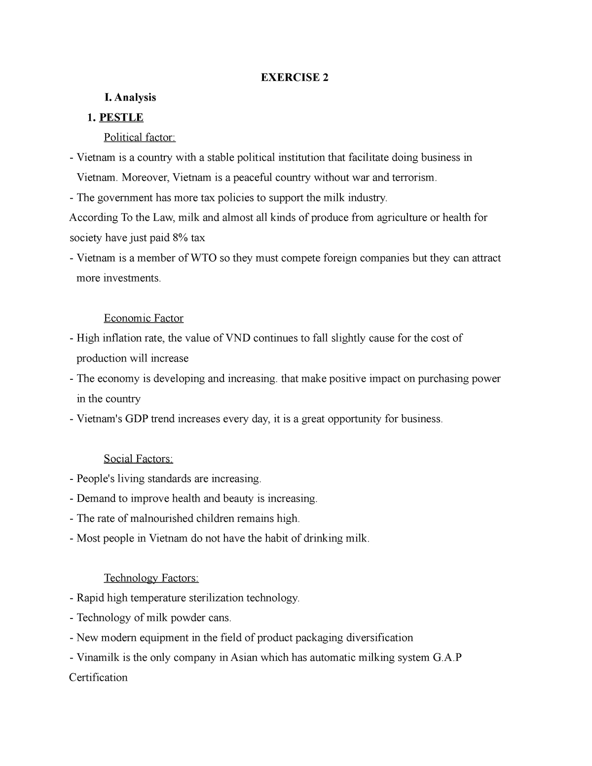 SFI Exercise 2 Group 7 - EXERCISE 2 I. Analysis PESTLE Political factor ...