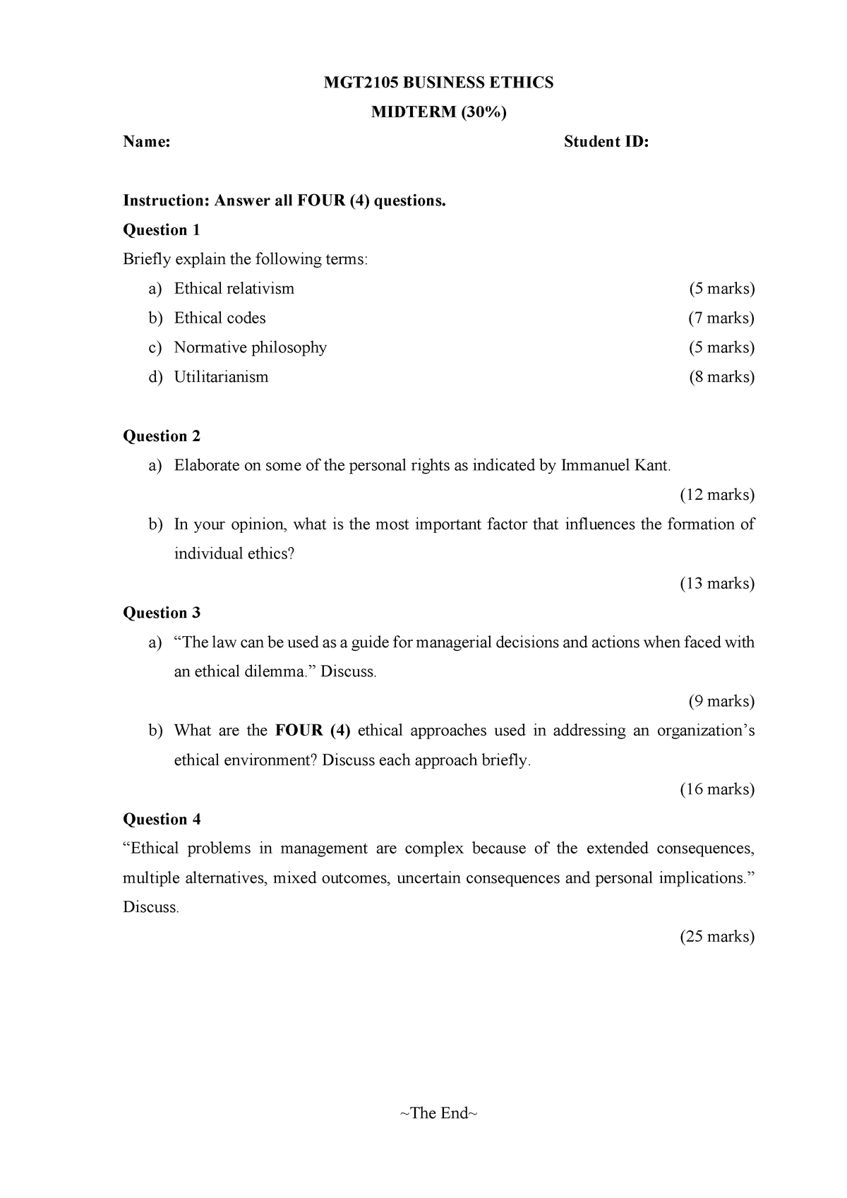 MGT2105 BUSINESS ETHICS - MGT2105 BUSINESS ETHICS MIDTERM (30%) Name ...