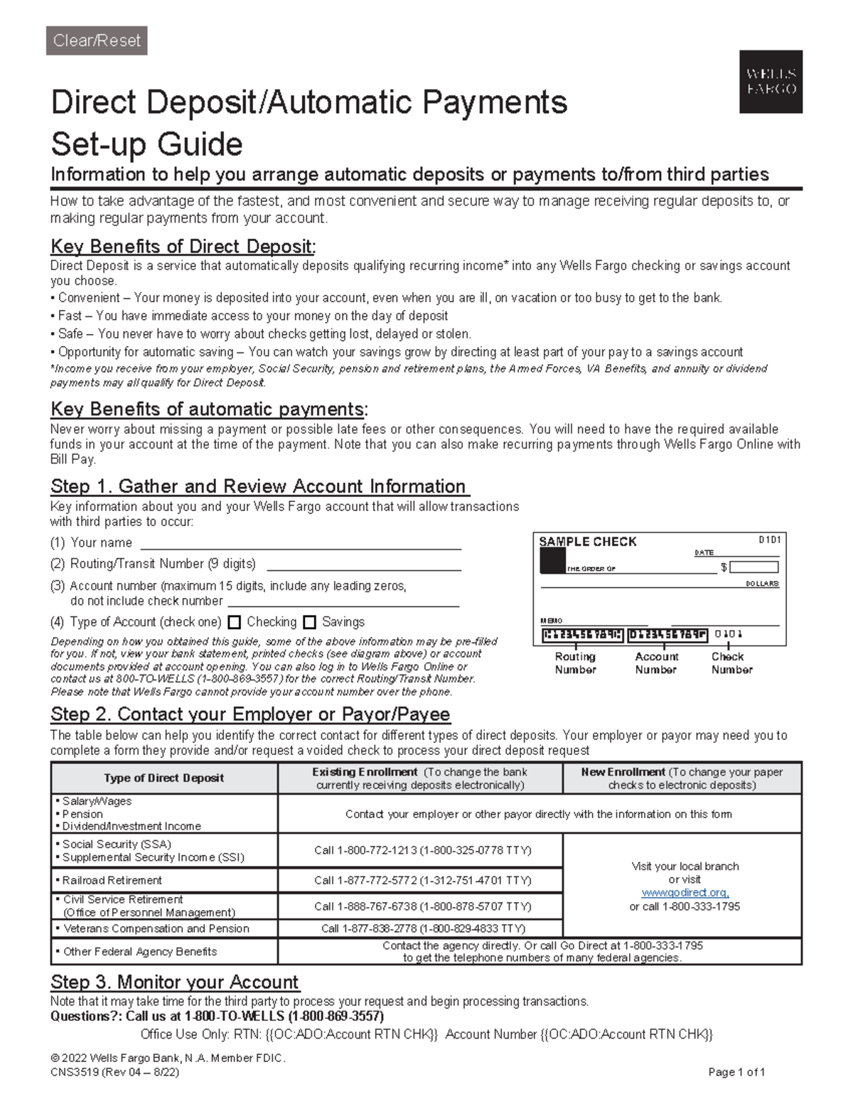 Set up direct deposit CNS3519 - Page 1 of 1 1 Type of Account (check ...