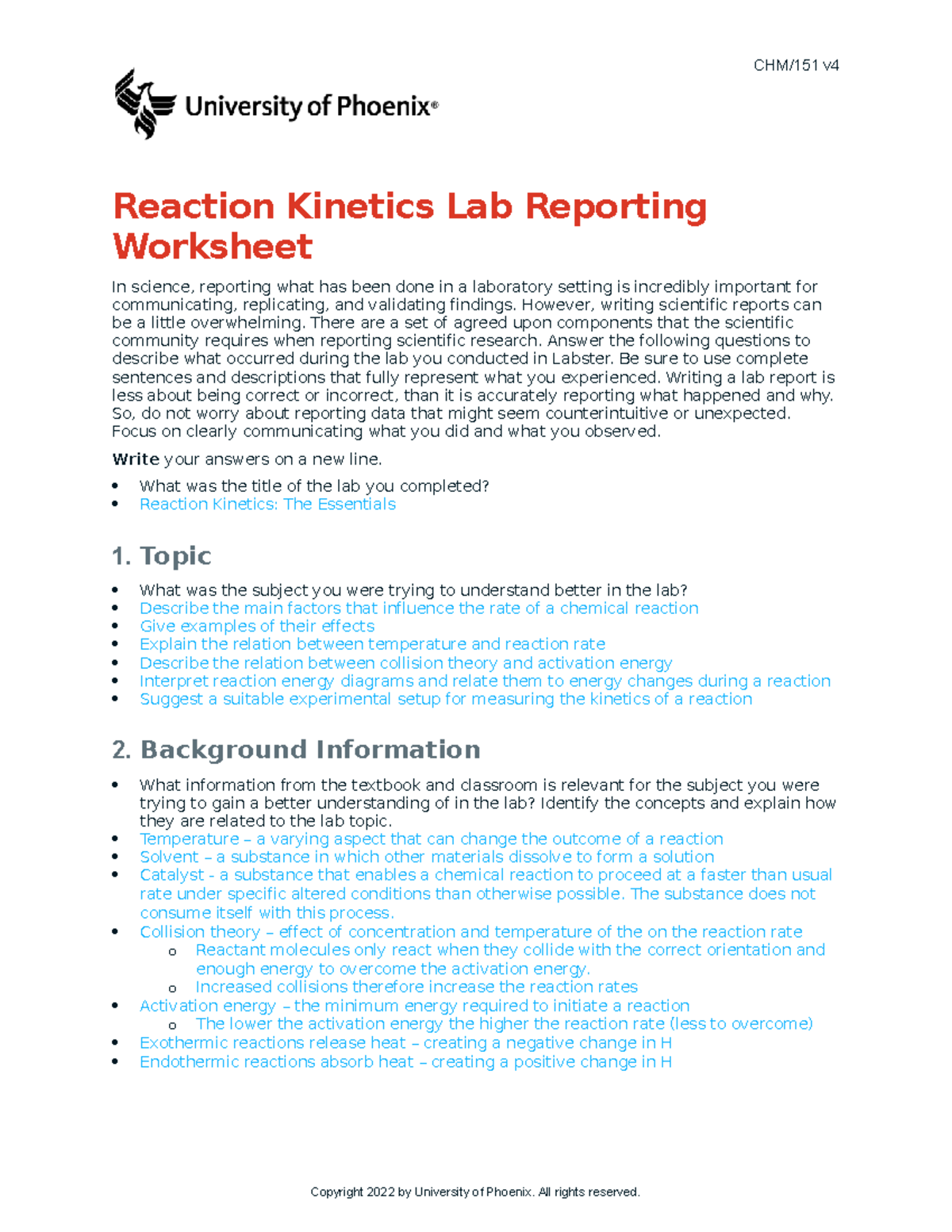 Week 6 Lab Report CHM/151 v Reaction Lab Reporting